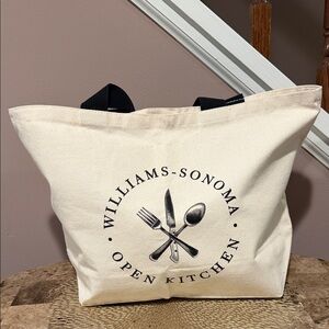 Williams Sonoma Cream Canvas Tote with Black Handles